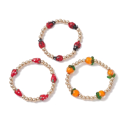 3шт. браслеты из бусин в технике лэмпворк и немагнитного синтетического гематита для женщин, клубника, божья коровка и хурма
