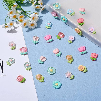 28Pcs 14 Styles Opaque & Translucent Floral Resin Cabochons, Kawaii Resin Cabochons for DIY Jewelry Making Scrapbooking Phone Case Decor Hair Accessories Making Hair Clip
