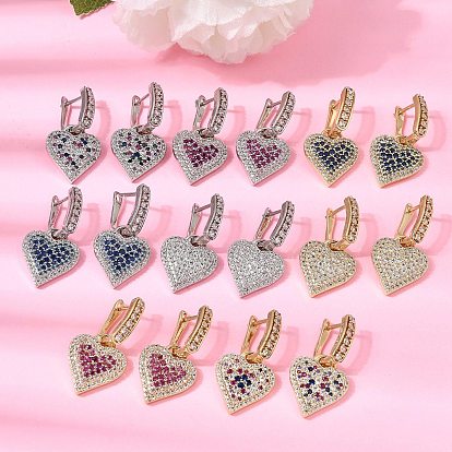 Латунные серьги-кольца с микропаве из кубического циркония, сердце, стойки покрытие, долговечный, без кадмия и без свинца, настоящий 18k позолоченный/платиновый