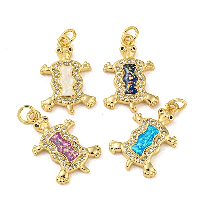 Colgantes de latón de tortuga con micro pavé de circonita cúbica y ópalo sintético, con anillos de salto, sin plomo y cadmio, real 18 k chapado en oro