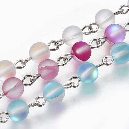 Handmade Synthetical Moonstone Beads Chains, Unwelded, with Iron Eye Pin, Frosted, Dyed, Round, Platinum