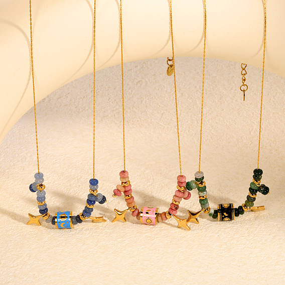 Colliers pour femmes composés de perles rondelles en pierre naturelle et de pendentifs en forme d'étoile en acier inoxydable émaillé., or