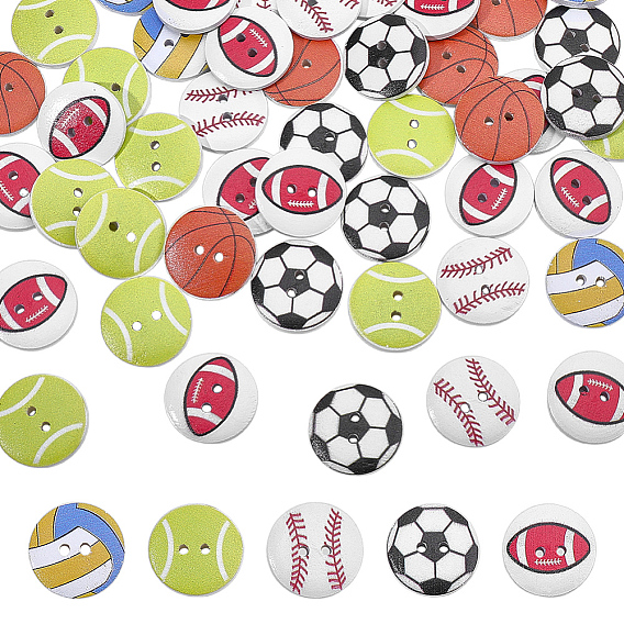 2 Bags 2-Holes Wood Buttons, Flat Round, Sports Theme