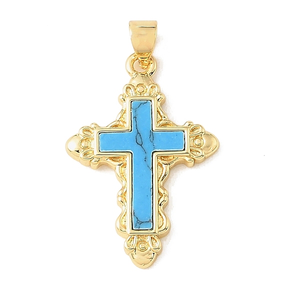 Dyed Synthetic Turquoise Pendants, Brass Religion Cross Bezeled Charms, Rack Plating, Long-Lasting Plated, Cadmium Free & Lead Free