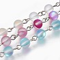 Handmade Synthetical Moonstone Beads Chains, Unwelded, with Iron Eye Pin, Frosted, Dyed, Round, Platinum