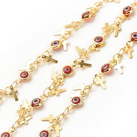 Glass Flat Round with Evil Eye Link Chains, with Brass Cross Charms, Long-Lasting Plated, Soldered, with Spool