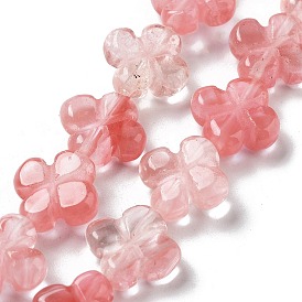 Perles de verre de quartz cerise brins, Flower 4 pétales