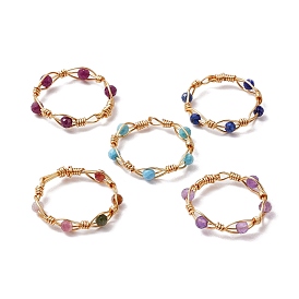 Round Natural Ruby & Magnesite & Tourmaline & Amethyst & Lapis Lazuli Finger Ring, Copper Wire Wrapped Ring for Women