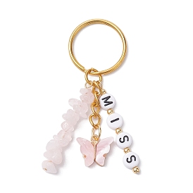 Alloy Enamel Acrylic with Natural Rose Quartz Keychain, Butterfly, Word