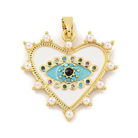 Rack Plating Brass Micro Pave Cubic Zirconia Pendants, with Shell with Enamel, Long-Lasting Plated, Lead Free & Cadmium Free, Heart with Evil Eye