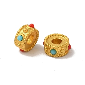 Rack Plating Flat Round Brass Beads, with Synthetic Turquoise Bead, Long-Lasting Plated, Lead Free & Cadmium Free