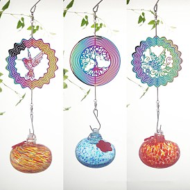 Metal 3D Hanging Wind Spinners, Glass Hummingbird Feeders Outdoor Garden Hanging Decorations