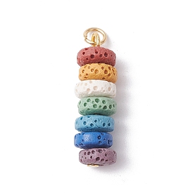 Natural Lava Rock Dyed Beaded Pendants, Chakra Disc Charms with 304 Stainless Steel Loops, Colorful