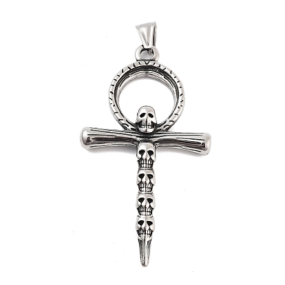 Retro 304 Stainless Steel Big Pendants, Ankh Cross with Skull Charm