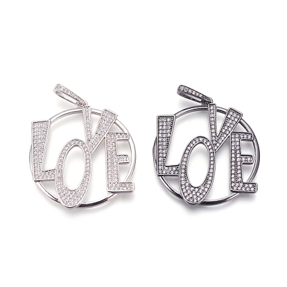 Brass Micro Pave Cubic Zirconia Pendants, Flat Round with Word Love