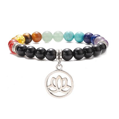 Natural & Synthetic Mixed Gemstone Stretch Bracelet with Alloy Lotus Charms, Chakra Jewelry for Women