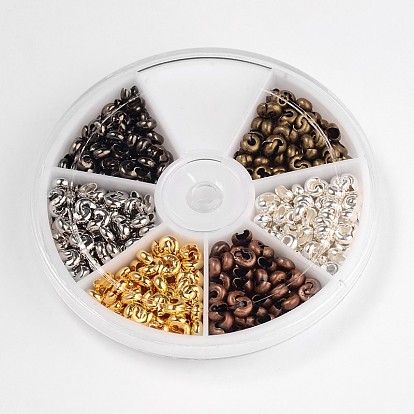 6 Color Brass Crimp Beads Covers, Nickel Free, 4mm, Hole: 1.5mm, about 75pcs/compartment, 450pcs/box