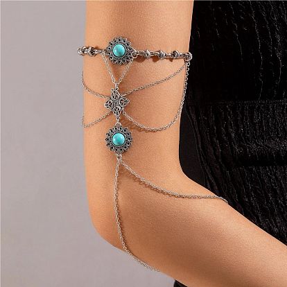 Antique Silver Alloy Layered Arm Chains, Synthetic Turquoise Upper Arm Bracelet
