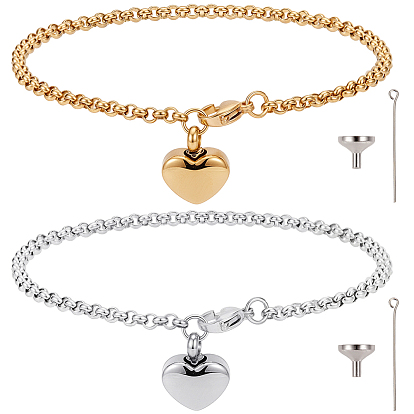 2Pcs 2 Colors Heart Non-Tarnish Stainless Steel Charm Bracelets, Urn Ashes, with 2 Bags 304 Stainless Steel Mini Funnel
