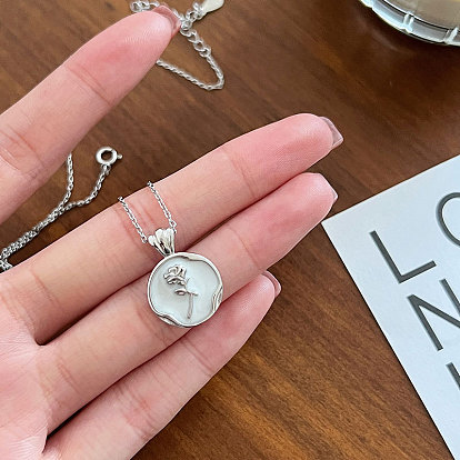 Плоские круглые подвески с розой 925 из стерлингового серебра с белой эмалью для женщин