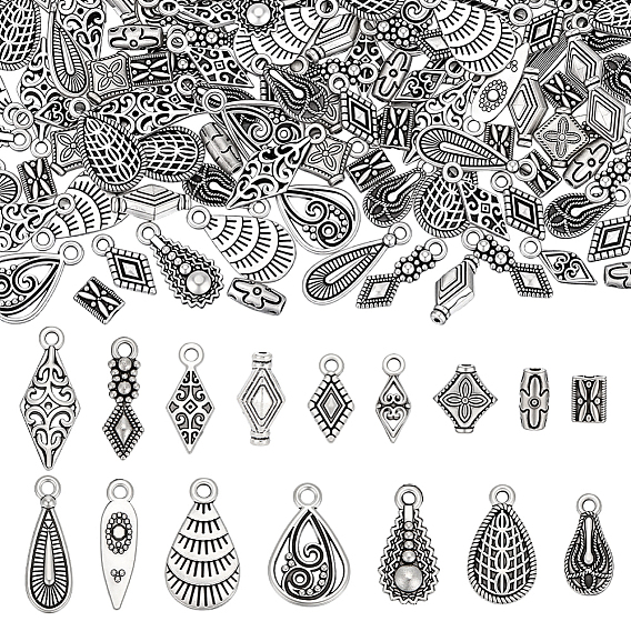 160Pcs 16 Styles Tibetan Style Alloy Pendants, Antique Silver