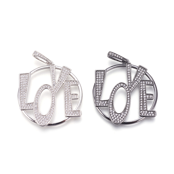 Brass Micro Pave Cubic Zirconia Pendants, Flat Round with Word Love