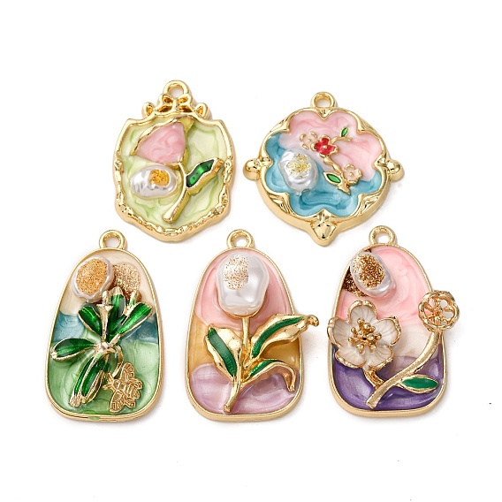 Подвески из эмалевого сплава легкого золота, , с имитацией АБС-жемчуга и блестящей пудрой, стойки покрытие