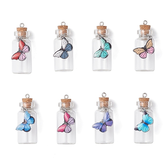 8 шт. подвески в виде стеклянных бутылок-бабочек, с эмалевой фурнитурой из сплава и железной петлей