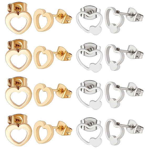 20Pair 2 Style Heart 304 Stainless Steel Stud Earrings, Hypoallergenic Earrings for Women