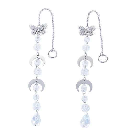 2Pcs Glass Teardrop Window Hanging Suncatchers, Stainless Steel and Brass Moon Butterfly Pendants for Outdoor & Garden Decor