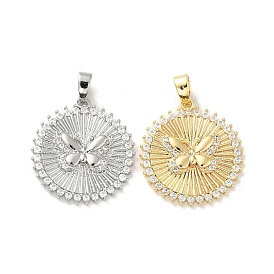 Brass Micro Pave Cubic Zirconia Pendants, Flat Round with Butterfly