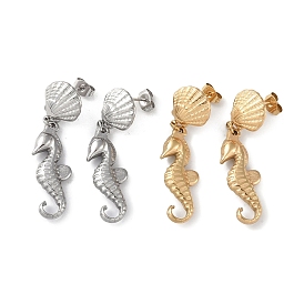 Texture Sea Horse 304 Stainless Steel Dangle Earrings, Shell Shape Stud Earring for Women