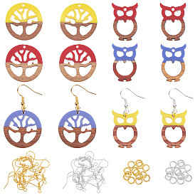 Kits de fabrication de boucles d'oreilles pendantes en bois de noyer, 12 pcs 6 couleurs chouette et pendentifs ronds plats en résine et bois de noyer, crochets et anneaux de saut en laiton