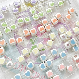 Macaron Color Alloy Enamel Beads, Cube with Heart