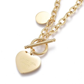 304 Stainless Steel Pendant Necklaces, with Cable Chains and Toggle Clasps, Heart with Flat Round