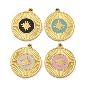 316 Surgical Stainless Steel Enamel Pendants, Flat Round with Star Charm, Golden