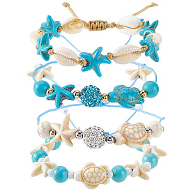 4шт. 4 наборы браслетов из плетеных бусин в стиле черепахи, морской звезды и круглого синтетического бирюзового зеленого цвета, регулируемый браслет для девочек женщин