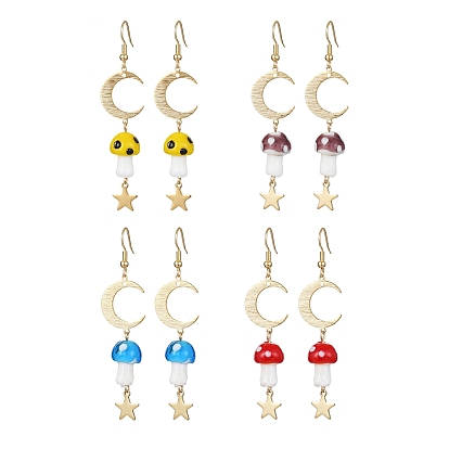 4 Pairs 4 Colors Mushroom Lampwork Dangle Earrings, Moon & Star Brass Long Drop Earrings