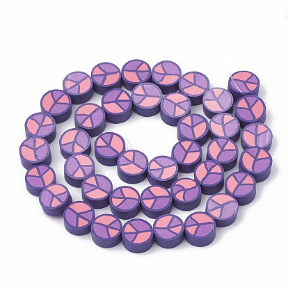 Handmade Polymer Clay Beads Strands, Flat Round