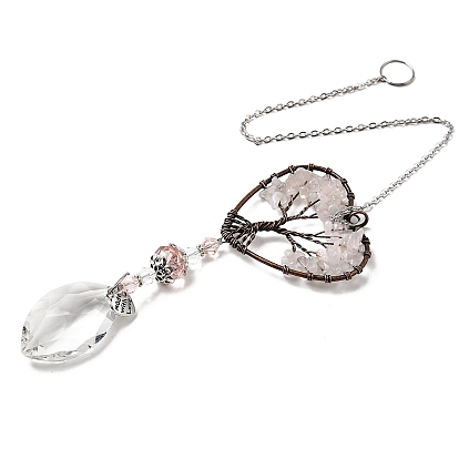 Большие подвесные украшения, подвесные ловцы солнца, с бусинами из драгоценных камней и k9 хрустальным стеклом, сердце с дерева жизни