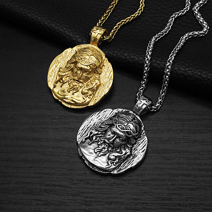 304 Collares con colgante de medalla redonda de Jesús en relieve de acero inoxidable para hombre