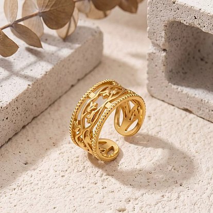 304 Stainless Steel Hollow Flower Cuff Open Rings for Women