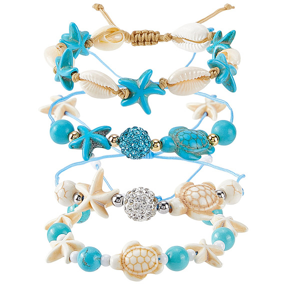 4шт. 4 наборы браслетов из плетеных бусин в стиле черепахи, морской звезды и круглого синтетического бирюзового зеленого цвета, регулируемый браслет для девочек женщин