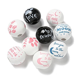 Printed Wood European Beads, Round with Word Pattern