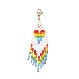 Handmade Loom Pattern Seed Beads Tassels Pendants Decoration, with 304 Stainless Steel Lobster Claw Clasps, Heart