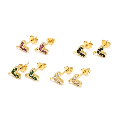 Brass Micro Pave Cubic Zirconia Stud Earrings Finding, with Loop, Real 18K Gold Plated, Heart