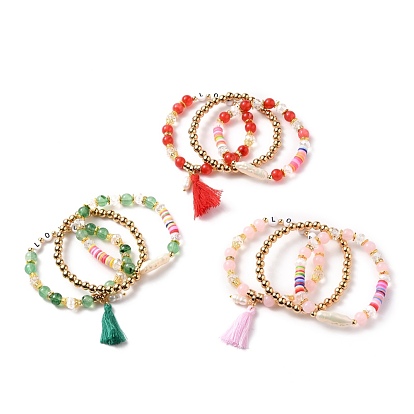 Stretch Beaded Bracelets Sets, with Acrylic Beads, Natural Pearl Beads, Glass Beads, Non-magnetic Synthetic Hematite Beads, Polymer Clay Heishi Beads, CCB Plastic Beads and Cotton Tassels