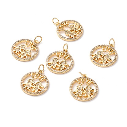 Brass Micro Pave Clear Cubic Zirconia Pendants, with Jump Ring, Long-Lasting Plated, Lead Free & Cadmium Free & Nickel Free, Flat Round with Word LOVE and Couple