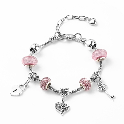 Alloy Heart and Skeleton Charm European Bracelet with Snake Chains, Plastic & Rhinestone Beaded Bracelet for Women
