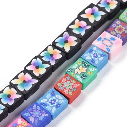 Handmade Flower Printed Polymer Clay Beads Strands, Square